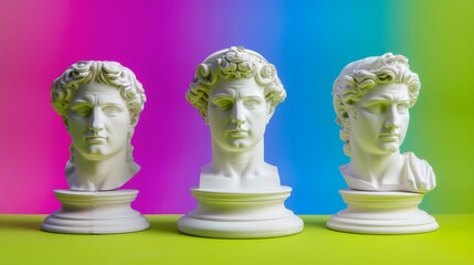 Ancient classical marble gypsum stoic, roman, greek bust, busts head sculpture against a colored background representing historical figures 