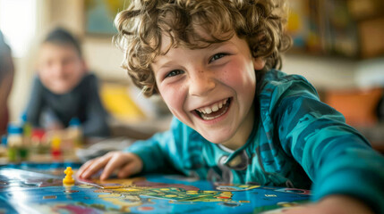 Happy Boy Laughing While Playing Board Game With Friends
