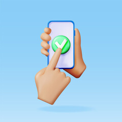 3D hand holding smartphone with green check mark. Render checkmark on smart phone screen. Confirmation, right choice concept. Agreement, approval or trust symbol. Vector illustration