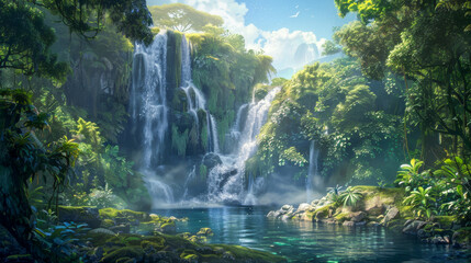 Majestic Waterfall in Lush Tropical Forest with Sunlight