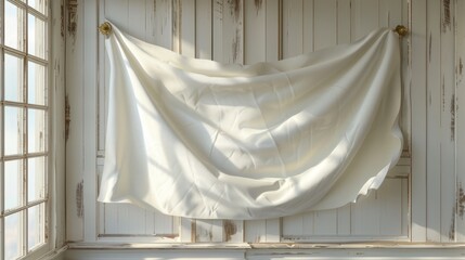 Modern illustration of an empty white flag hanging on a wall. Blank flag concept.