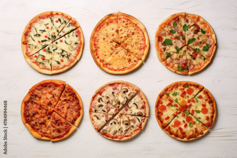 Wall mural  Assortment of Different Pizzas Displayed Together on a White Wooden Table