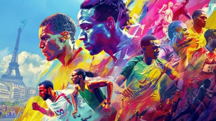Dynamic collage of athletes in action with a vivid Eiffel Tower backdrop, capturing the essence of the Paris 2024 Olympics.