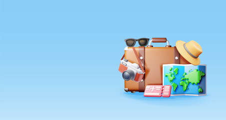 3d airline ticket, travel bag, photo camera and hat. Render paper map with sunglasses, suitcase and straw hat. Travel element. Holiday or vacation. Transportation document. Vector illustration