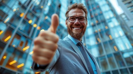 portrait of business people giving thumbs up
