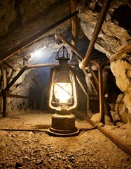 Subterranean History: Old Lamp Illuminating Mine Shaft - obrazy, fototapety, plakaty