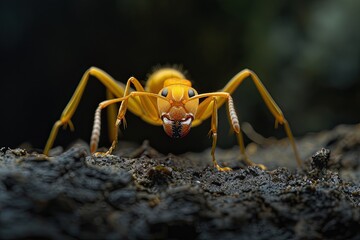 Fototapeta premium Mystic portrait of Bright Yellow Ant on root in studio, 