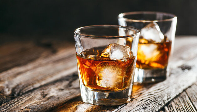 Two glasses of whiskey with ice cubes served on wooden planks. Vintage countertop with highlight and a glass of hard liquor