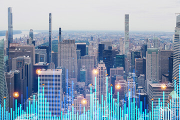 Skyscrapers Cityscape Downtown View, New York Skyline Buildings. Beautiful Real Estate. Day time. Forex Financial graph and chart hologram. Business education concept.