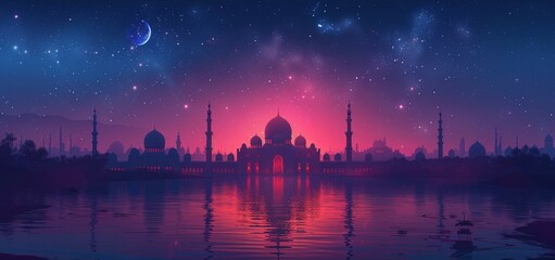 Illustration of a drawn mosque night view from the arched door. Arabic style background. A handwritten greeting card. Modern illustration of a drawn mosque night view. - obrazy, fototapety, plakaty