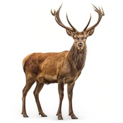 A single majestic brown stag with impressive antlers, isolated on a white background, facing the camera.