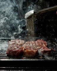 close up of a steak grilled on a cast iron