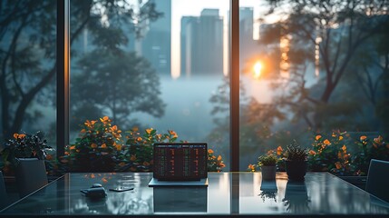 A minimalist executive office with a high-tech laptop showing real-time stock trends and financial forecasts, early foggy morning seen through large windows adding a sense of anticipation.