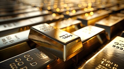 Gold bars stacked high, symbolizing the value of gold as a financial asset.