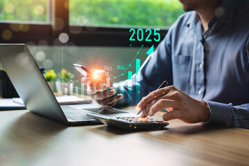 business goals trends 2025. analytical businessperson planning business growth 2025, strategy...