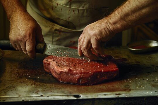 a butcher trimming a fat from a loin of steak