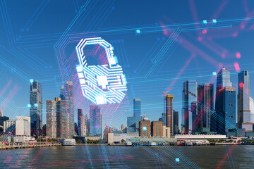 New York skyline with a holographic security concept overlay. Photo and digital graphic mix on an...