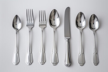 Elegant Silver Cutlery Set Laid Out on a Pristine White Background