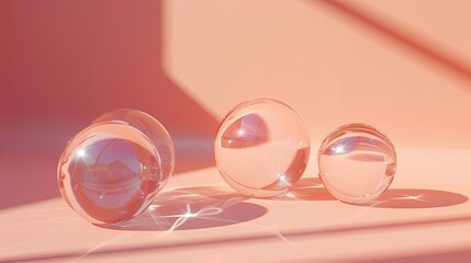 Image of large transparent glass balls on a peach-colored background. Luxury trendy wallpapers. Generative AI