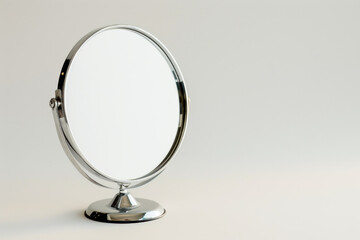 Classic Round Vanity Mirror on Stand with Reflection Isolated on White Background
