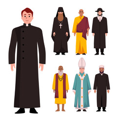 Priests or preachers of different religions, flat vector illustrations isolated.