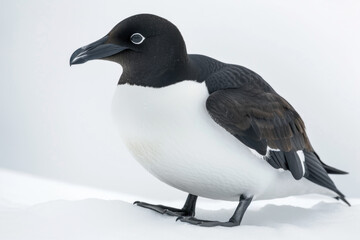 Obraz premium Adult Razorbill Standing on Snow, Showcasing Black and White Feathers with a Stark Contrast