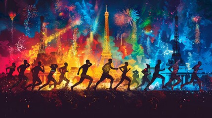 Dynamic collage of athletes in action with a vivid Eiffel Tower backdrop, capturing the essence of the Paris 2024 Olympics.