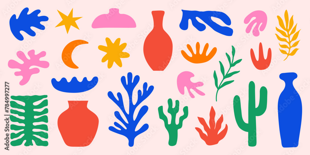 Poster inspired matisse set with colorful cutting organic shapes and objects. modern creative minimal desig