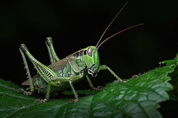 Fototapeta premium Mystic portrait of Common Field Grasshopper on leaves beside view, full body shot, Close-up View, 
