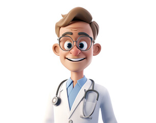 Smiling man doctor with glasses, character cartoon illustration. Medicine worker isolated on transparent, avatar