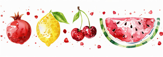 Watercolor fruits lined up, showcasing lemon, cherries, pomegranate, and whole pomegranate on white.
