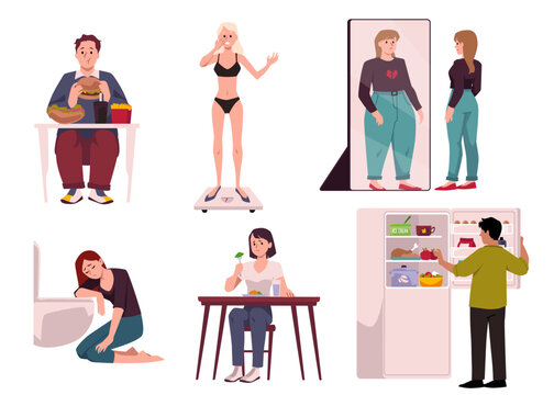 Set of people with different eating disorders flat style, vector illustration