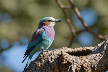 A Lilac Breasted Roller, Coracias caudatus, sits in a hole in a tree
