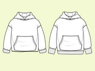 Kids' Black and White Hoodie: Front and Back Flat Sketch Design for Childrenswear