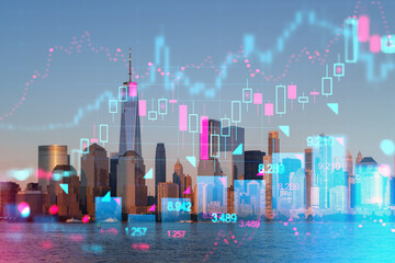 New York City skyline with futuristic holographic financial charts and graphs. Digital composite,...
