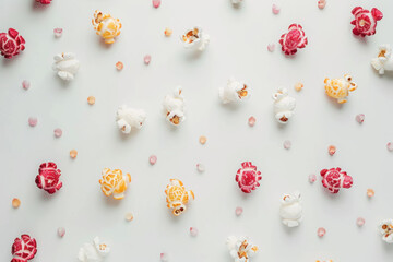 Festive Multicolored Popcorn Scattered on a White Background with Space for Text