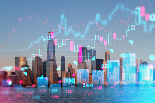 New York City skyline with futuristic holographic financial charts and graphs. Digital composite, on water and sky background, technology and business concept. Double exposure