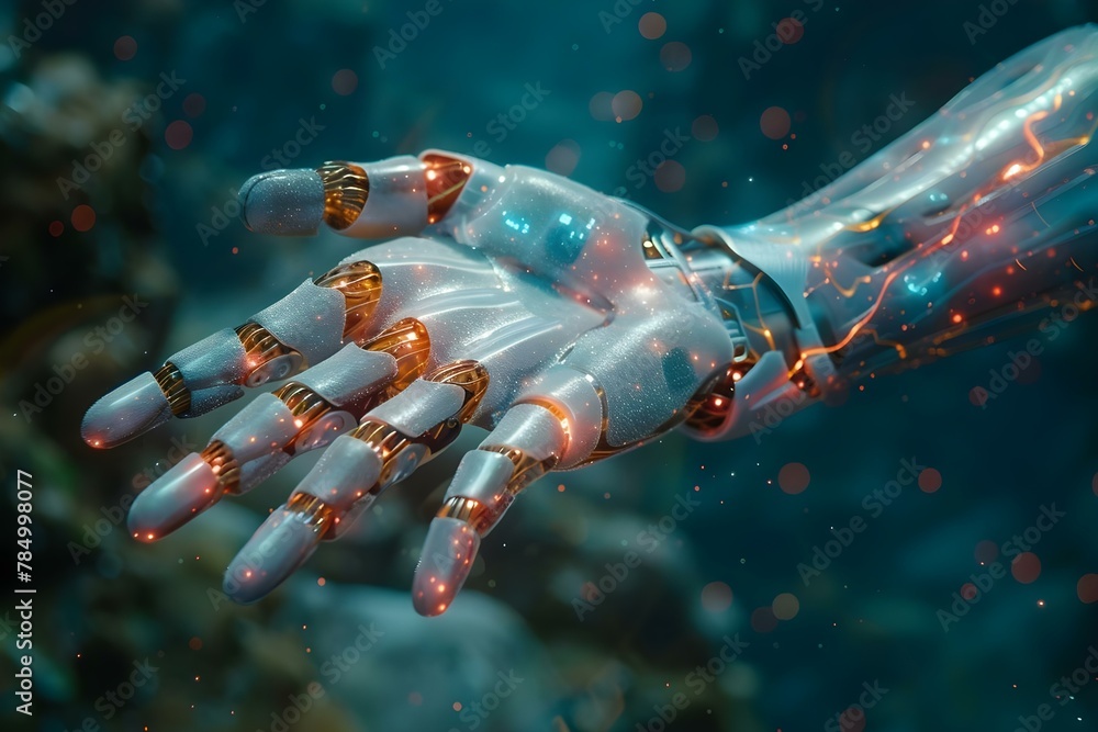 Poster futuristic ai hand interacting with digital data. concept technology, artificial intelligence, data 