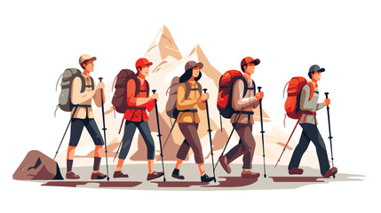 A group of friends hiking in the mountains with backpack