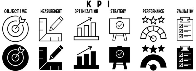 KPI icons banner. Key Performance Indicator banner with icons of objective, measurement, optimization, strategy, performance, and evaluation. Vector illustration