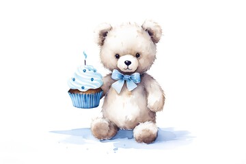 Cute teddy bear with birthday cupcake. Watercolor illustration.