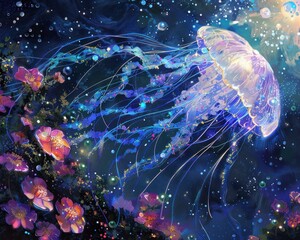 A glowing jellyfish swims gracefully through a field of bio-luminescent flowers.