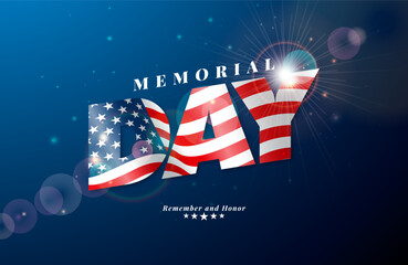 Memorial Day of the USA Vector Design Template with American Flag in Text Label on Blue Background. National Patriotic Celebration Illustration for Banner, Postcard, Greeting Card or Holiday Poster.
