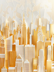 Golden Paper Cut Skyline Illustration with Textured Background. Abstract Cityscape Art in Gold and White Paper Layers