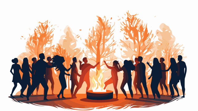 A group of people dancing in a circle around a bonfire