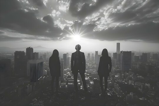 Urban Dream Team Silhouette Against Cityscape. Concept Urban Photoshoot, Silhouette Photography, Cityscape Background, Dream Team Portrait, Creative Lighting