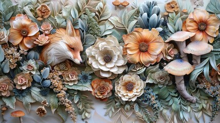A highly detailed 3D rendering of a fox in a field of flowers. The fox is sleeping with one eye open and the flowers are in various shades of orange and yellow.