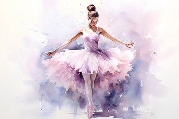 Young beautiful ballerina in a pink tutu dancing on the watercolor background. - obrazy, fototapety, plakaty