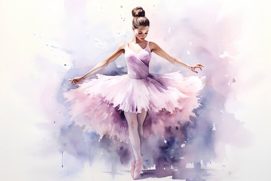 Young beautiful ballerina in a pink tutu dancing on the watercolor background.