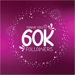 60K followers celebration design with white stars and sparkles on purple background, thanking subscribers on social media